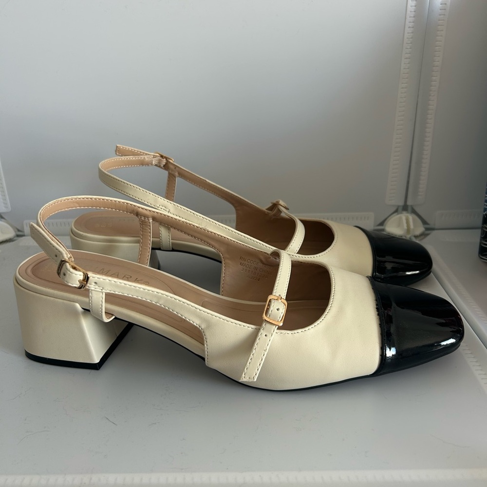 Elegant Cream and Black Women's Block Heel Shoes